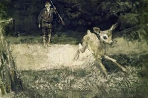 Емеля быстро поднялся и свистнул, — маленькое животное скрылось в кустах с быстротой молнии. Иллюстрация Р. Столярова к рассказу «Емеля-охотник» Д. Мамина-Сибиряка