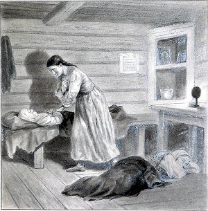 Особенно была страшна последняя ночь. Уставшая Марковна заснула на полу, а Федорка караулила больного. Иллюстрация к рассказу Д. Н. Мамина-Сибиряка «Кормилец». Художник Турлыгин Яков Прокопьевич (1858-1909)
