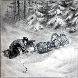 Лысанка тонула в снегу. Это был давешний сугроб, а сила уж не давешняя. Иллюстрация к рассказу Д. Н. Мамина-Сибиряка «Последняя треба». Художник Турлыгин Яков Прокопьевич (1858-1909)