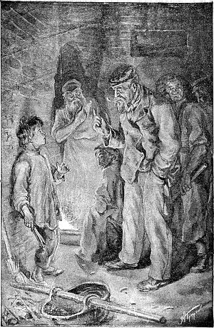 Ванька открыл глаза и онемел: пред ним стоял сам «Слава-Богу» и, грозя пальцем, говорил... Иллюстрация к рассказу Д. Н. Мамина-Сибиряка «Слава-Богу». Издание 1912 г.