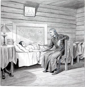 У постели больной. Иллюстрация к рассказу Д. Н. Мамина-Сибиряка «Сочельник». Художник Турлыгин Яков Прокопьевич (1858-1909)