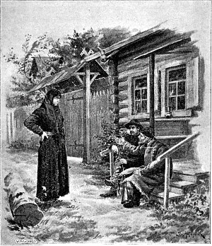Перед ним стояла баба, подперев руку в бок. Иллюстрация к очерку Д. Н. Мамина-Сибиряка «Темное время». Издание 1905 г.