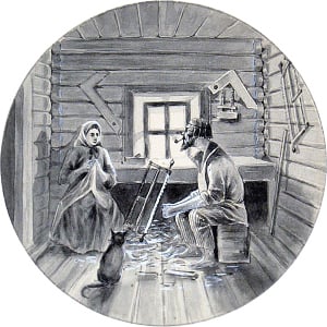 Столяр с женой и кот Васька. Иллюстрация к рассказу Д. Н. Мамина-Сибиряка «Упрямый козёл». Неизвестный художник, начало XX века