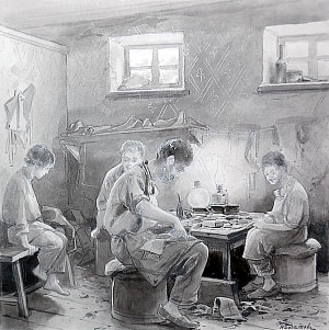 Сережка в сапожной мастерской. Иллюстрация к рассказу Д. Н. Мамина-Сибиряка «В ученье». Художник Богатов Николай Алексеевич (1854-1935)