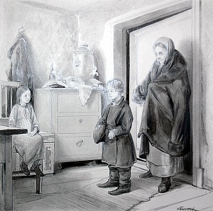 Сережа и Марфа у родни в Петербурге. Иллюстрация к рассказу Д. Н. Мамина-Сибиряка «В ученье». Художник Богатов Николай Алексеевич (1854-1935)