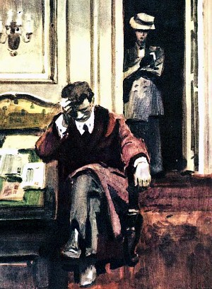 Продолжая думать о Джо, он даже не оглянулся на дверь. Она тихо отворилась, но Мартин уже забыл о стуке, и опять видения поплыли перед ним. Вдруг сзади явственно послышалось женское рыдание... Иллюстрация к роману Д. Лондона «Мартин Иден». Художник П. Пинкисевич, 1976 г.