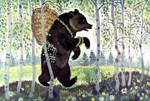 — Высоко сидит, далеко глядит! Поднял корзину и пошёл дальше. Иллюстрация Р. Былинской к русской народной сказке «Маша и Медведь»