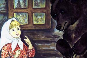 — Только смотри – не ешь ни одного пирожка! Я на крышу залезу, буду за тобой следить. Иллюстрация Р. Былинской к русской народной сказке «Маша и Медведь»