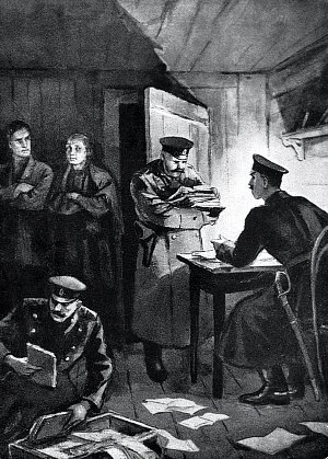 Обыск в доме Власовых. Иллюстрация к роману М. Горького «Мать». Кукрыниксы, середина XX века.