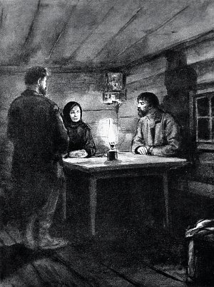 Ниловна в деревне у крестьян. Иллюстрация к роману М. Горького «Мать». Кукрыниксы, середина XX века.