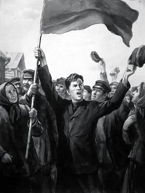 Павел поднял руку кверху — древко покачнулось, тогда, десяток рук схватили белое гладкое дерево, и среди них была рука его матери. Иллюстрация к роману М. Горького «Мать». Кукрыниксы, середина XX века.