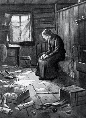 В комнате беспорядочно валялись книги, одежда, — всё было сдвинуто, разворочено, пол затоптан. Иллюстрация к роману М. Горького «Мать». Кукрыниксы, середина XX века.