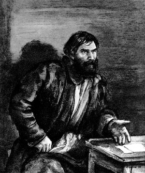 Рыбин. — Давай помощь мне! Давай книг, да таких, чтобы, прочитав, человек покою себе не находил. Ежа под череп посадить надо, ежа колючего! Скажи своим городским, которые для вас пишут, — для деревни тоже писали бы! Пусть валяют так, чтобы деревню варом обдало, — чтобы народ на смерть полез! Иллюстрация к роману М. Горького «Мать». Художники Кукрыниксы, 1949-1950
