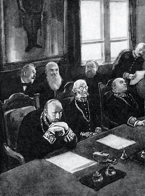 Судьи. Иллюстрация к роману М. Горького «Мать». Кукрыниксы, середина XX века.