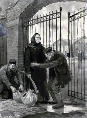 Поиск листовок. Иллюстрация к роману М. Горького «Мать». Кукрыниксы, середина XX века.