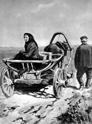 Отъезд Ниловны из слободки. Иллюстрация к роману М. Горького «Мать». Художники Кукрыниксы, 1949-1950