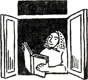 Чуть у Акулины времени лишки, садится Акулина за красные книжки. Иллюстрация В. Маяковского к рассказу в стихах «Ни знахарь, ни бог, ни ангелы бога — крестьянству не подмога», 1923 г.