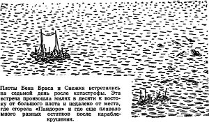 Плоты Бена Браса и Снежка встретились на седьмой день после катастрофы. Эта встреча произошла милях в десяти к востоку от большого плота и недалеко от места, где сгорела «Пандора» и где еще плавало много разных остатков после кораблекрушения. Иллюстрация к роману Майна Рида «Затерянные в океане». Издание 1957 г.