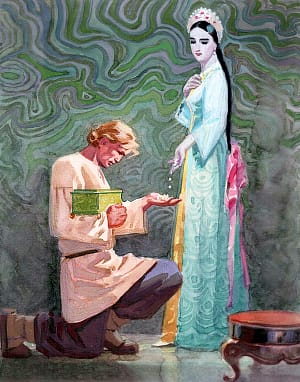 — Ну, прощай, Степан Петрович, смотри не вспоминай обо мне. — А у самой слезы. Она это руку подставила, а слезы кап-кап и на руке зернышками застывают. Полнехонька горсть. — На-ка вот, возьми на разживу. Большие деньги за эти камешки люди дают. Богатый будешь, — и подает ему. Иллюстрация к сказу П. П. Бажова «Медной горы Хозяйка». Художник Васильев Валентин Фёдорович, 1976-77