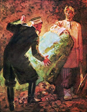 Вскорости нашел им Степан глыбу такую. Иллюстрация к сказу П. П. Бажова «Медной горы Хозяйка». Художник Васильев Валентин Фёдорович, 1976-77