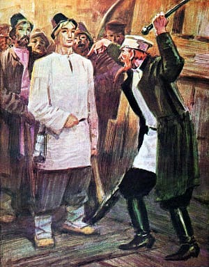 — Ты что это? Пьяный али ума решился? Какая хозяйка? Кому ты такие слова говоришь? Да я тебя в горе сгною! Иллюстрация к сказу П. П. Бажова «Медной горы Хозяйка». Художник Васильев Валентин Фёдорович, 1976-77