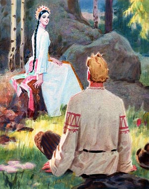 Только вдруг молодой, ровно его кто под бок толкнул, проснулся. Глядит, а перед ним на грудке руды у большого камня женщина какая-то сидит. Иллюстрация к сказу П. П. Бажова «Медной горы Хозяйка». Художник Васильев Валентин Фёдорович, 1976-77