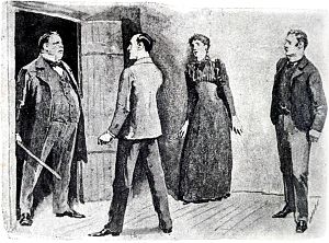 — Негодяй! — сказал он. — Куда вы дели свою дочь? Иллюстрация к рассказу Артура Конан Дойла «Медные буки». Художник Сидни Пэджет, 1891