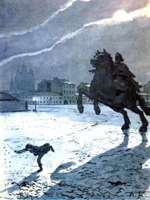 Медный всадник скачет за Евгением. Иллюстрация А. Н. Бенуа к поэме А. С. Пушкина «Медный всадник»