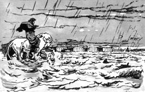 Евгений на мраморном льве. Иллюстрация А. Н. Бенуа к поэме А. С. Пушкина «Медный всадник»
