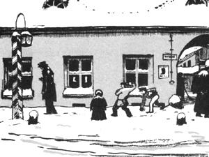 Злые дети бросали камни вслед ему. Иллюстрация А. Н. Бенуа к поэме А. С. Пушкина «Медный всадник»