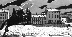 Медный всадник и Евгений. Иллюстрация А. Н. Бенуа к поэме А. С. Пушкина «Медный всадник»