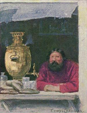... в окне, помещался сбитенщик с самоваром из красной меди и лицом так же красным, как самовар, так что издали можно бы подумать, что на окне стояло два самовара, если б один самовар не был с черною как смоль бородою. Иллюстрация Петра Соколова к «Мертвым душам» Гоголя