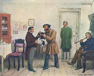 А нос, чувствуешь, какой холодный? Возьми-ка рукою... Чичиков взял ее за нос, сказавши: хорошее чутье. Иллюстрация Петра Соколова к «Мертвым душам» Гоголя