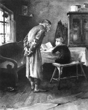 Чичиков в детстве и его отец. Иллюстрация к поэме Гоголя «Мертвые души»