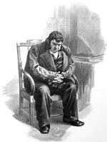 — Нет, не повалю, — отвечал Собакевич, — покойник был меня покрепче, — и, вздохнувши, продолжал: — Нет, теперь не те люди; вот хоть и моя жизнь, что за жизнь? так как-то себе... Иллюстрация к поэме Гоголя «Мертвые души»