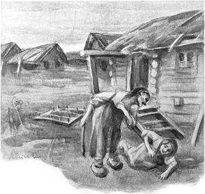 Сердитая баба, в замасленной дерюге, прибила до полусмерти бедную девчонку и ругала на все бока всех чертей. Иллюстрация ко второму тому «Мёртвых душ» Н. В. Гоголя