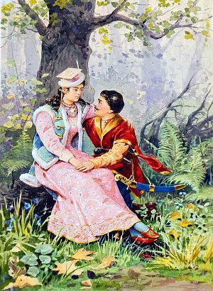 Андрий и панночка. Иллюстрация к повести Н. В. Гоголя «Тарас Бульба». Соколов Павел Петрович, 1860-е 