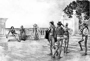 Акт II. Сцена 3. Бальтазар (поет). К чему вздыхать, красотки, вам?.. Иллюстрация к пьесе Шекспира «Много шума из ничего». Художник Эдвин Остин Эбби, 1896 г.