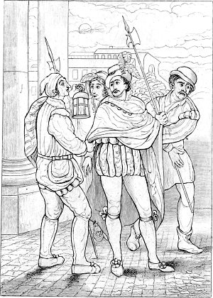 Акт III. Сцена 3. Борачио, Конрад и сторожи. Иллюстрация к пьесе Шекспира «Много шума из ничего». Издание 1899 г.