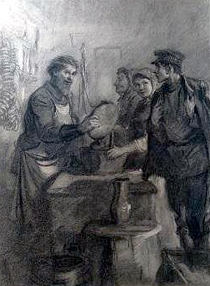 Булочная Деренкова. Иллюстрация к повести М. Горького «Мои университеты». Б. А. Дехтерев, 1937 г.