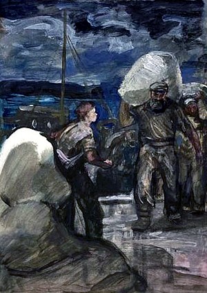 Разгрузка баржи. Иллюстрация к повести М. Горького «Мои университеты». Клячко М. П., 1950-е годы