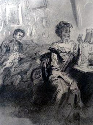 Алеша, растирает Жоржу застывшие руки. У туалетного столика сидит жена Жоржа с игральной картой в руке. Иллюстрация к повести М. Горького «Мои университеты». Б. А. Дехтерев, 1946 г.
