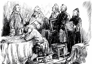 Учителя: Вральман, Цыфиркин и Кутейкин перед Правдиным. Иллюстрация к комедии Д. И. Фонвизина «Недоросль». Художник Д. А. Дубинский, 1946 г.