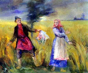 Свидание коробейника с Катериной. Иллюстрация к поэме Н. А. Некрасова «Коробейники». Художник Платунова Александра Георгиевна, 1948 г.