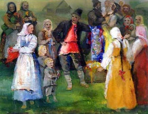 Торговля. Иллюстрация к поэме Н. А. Некрасова «Коробейники». Художник Платунова Александра Георгиевна, 1948 г.