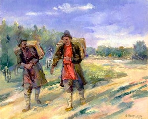 Два коробейника идут по дороге. Иллюстрация к поэме Н. А. Некрасова «Коробейники». Художник Платунова Александра Георгиевна, 1948 г.