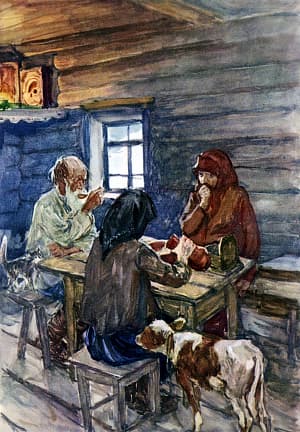 Поужинать сели родные — капуста да с хлебушком квас. Иллюстрация А. А. Пластова к поэме Н. А. Некрасова «Мороз, Красный Нос»