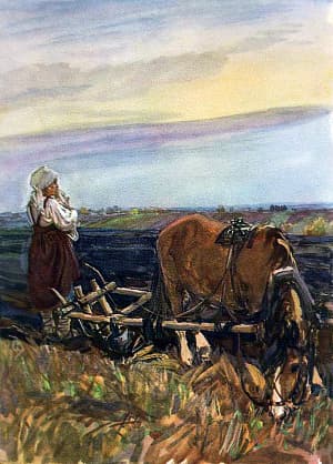 Крепче вы, ноженьки, стойте! Белые руки, не нойте! Надо одной поспевать! Иллюстрация А. А. Пластова к поэме Н. А. Некрасова «Мороз, Красный Нос»