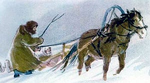 Савраска увяз в половине сугроба... Иллюстрация А. А. Пластова к поэме Н. А. Некрасова «Мороз, Красный Нос»