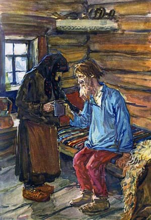 И только глядеть избегали друг другу в глаза бедняки... Иллюстрация А. А. Пластова к поэме Н. А. Некрасова «Мороз, Красный Нос»